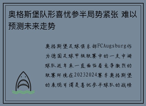 奥格斯堡队形喜忧参半局势紧张 难以预测未来走势